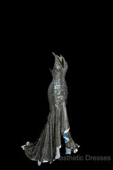 Vintage Mermaid V Neckline Gray Sequin Long Evening Prom Gown Fairy Evening Prom Dresses